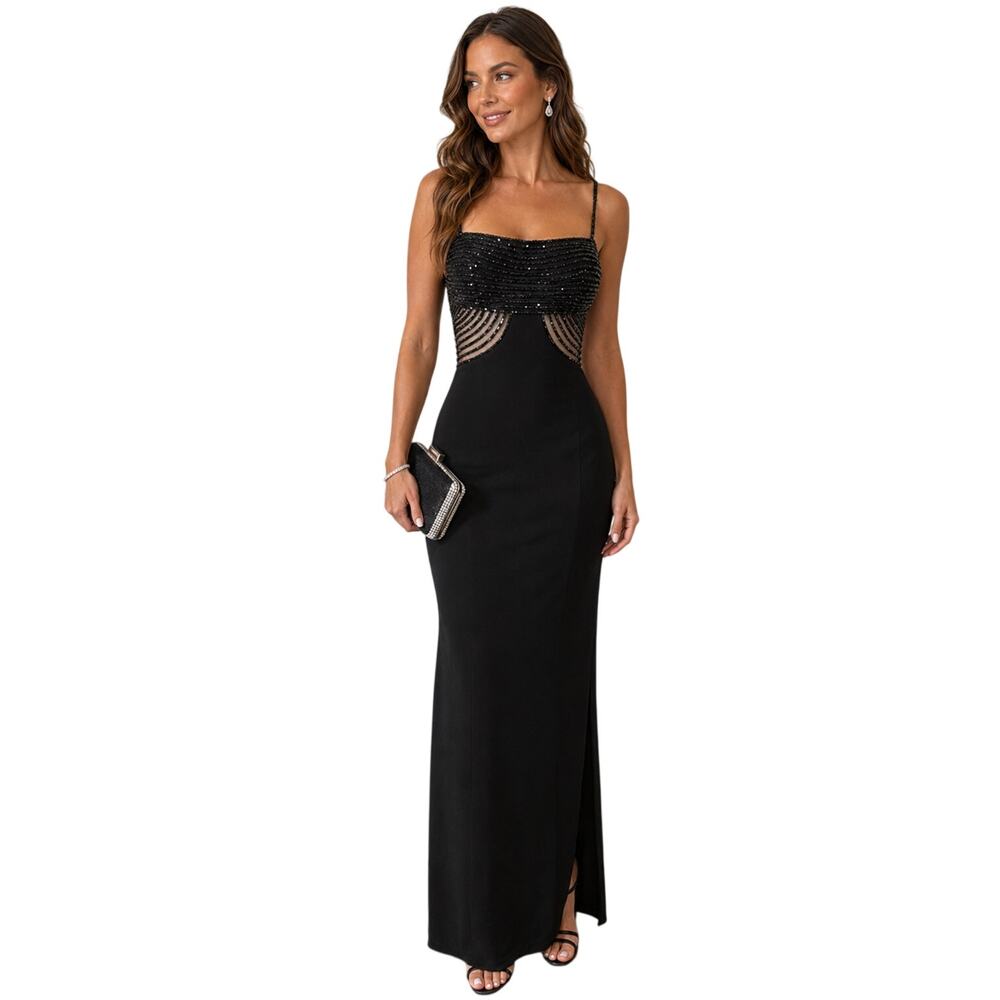 Niteline by Della Roufogali Black Beaded Strappy Formal Maxi Dress Women's Sz 6